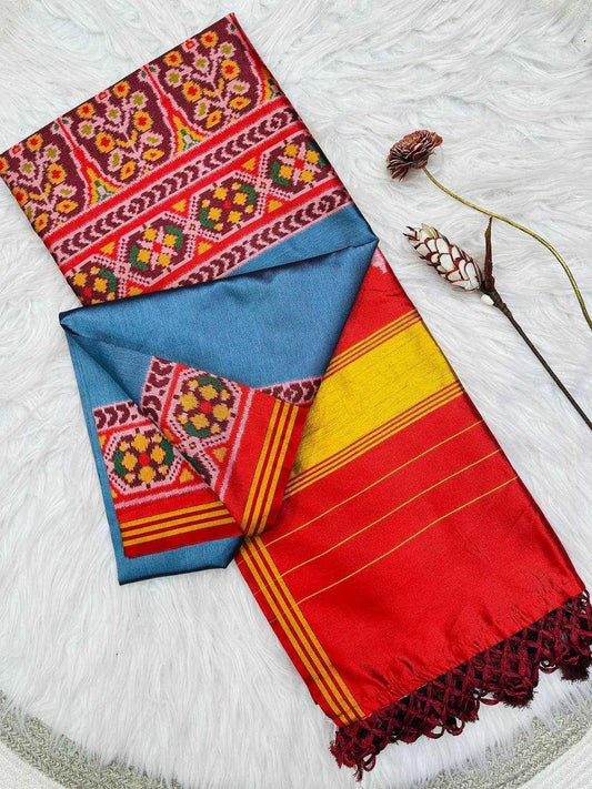 Firozi Pure Patola Silk Saree with Double Ikkat Print, Lagadi Pallu & Zari Border | Premium Soft Silk Saree - House of ViDi