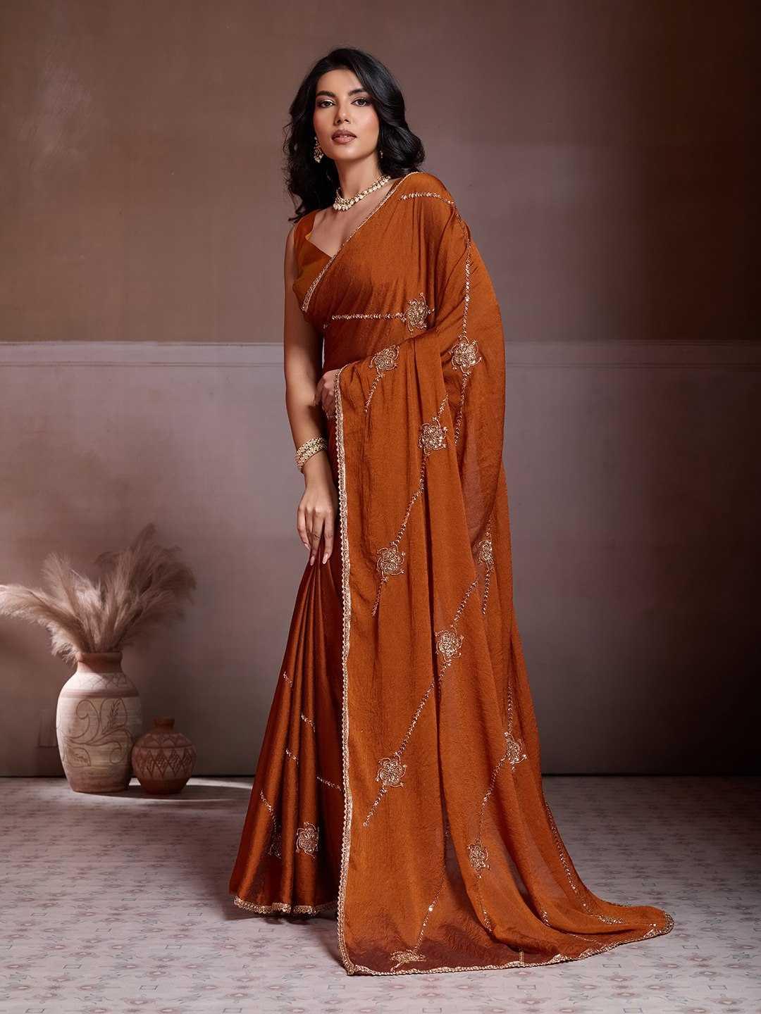 Coffee Brown Crush Silk Saree with Beads Embroidery - House of ViDi