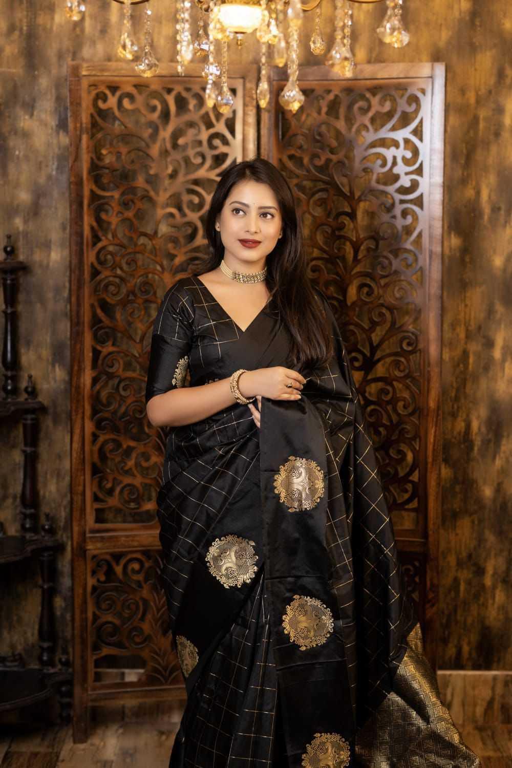 Black Premium Satin Silk Party Wear Saree with Zari Woven Border & Butta Design - House of ViDi