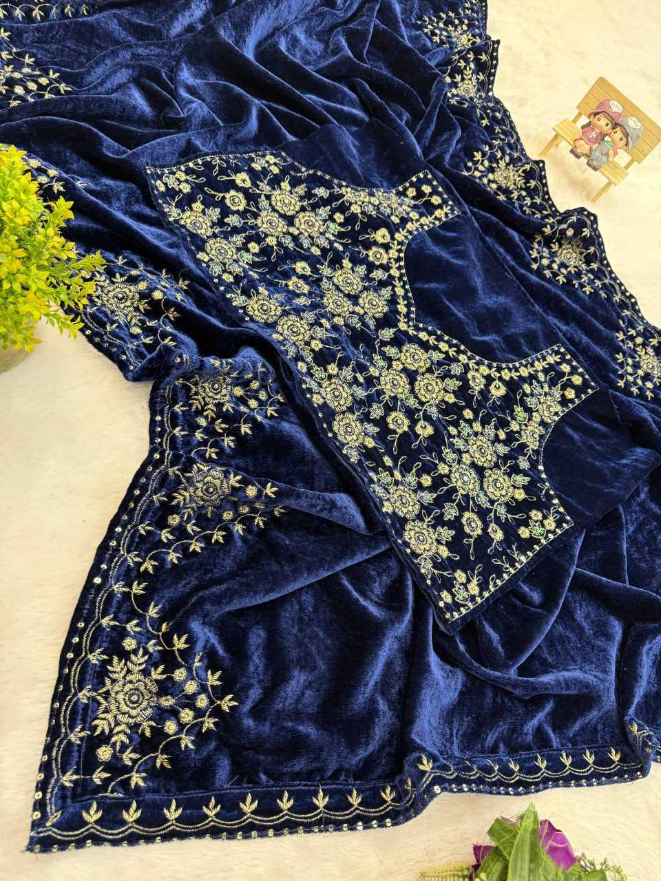 Navy Blue Velvet Saree with Embroidered Border - House of ViDi