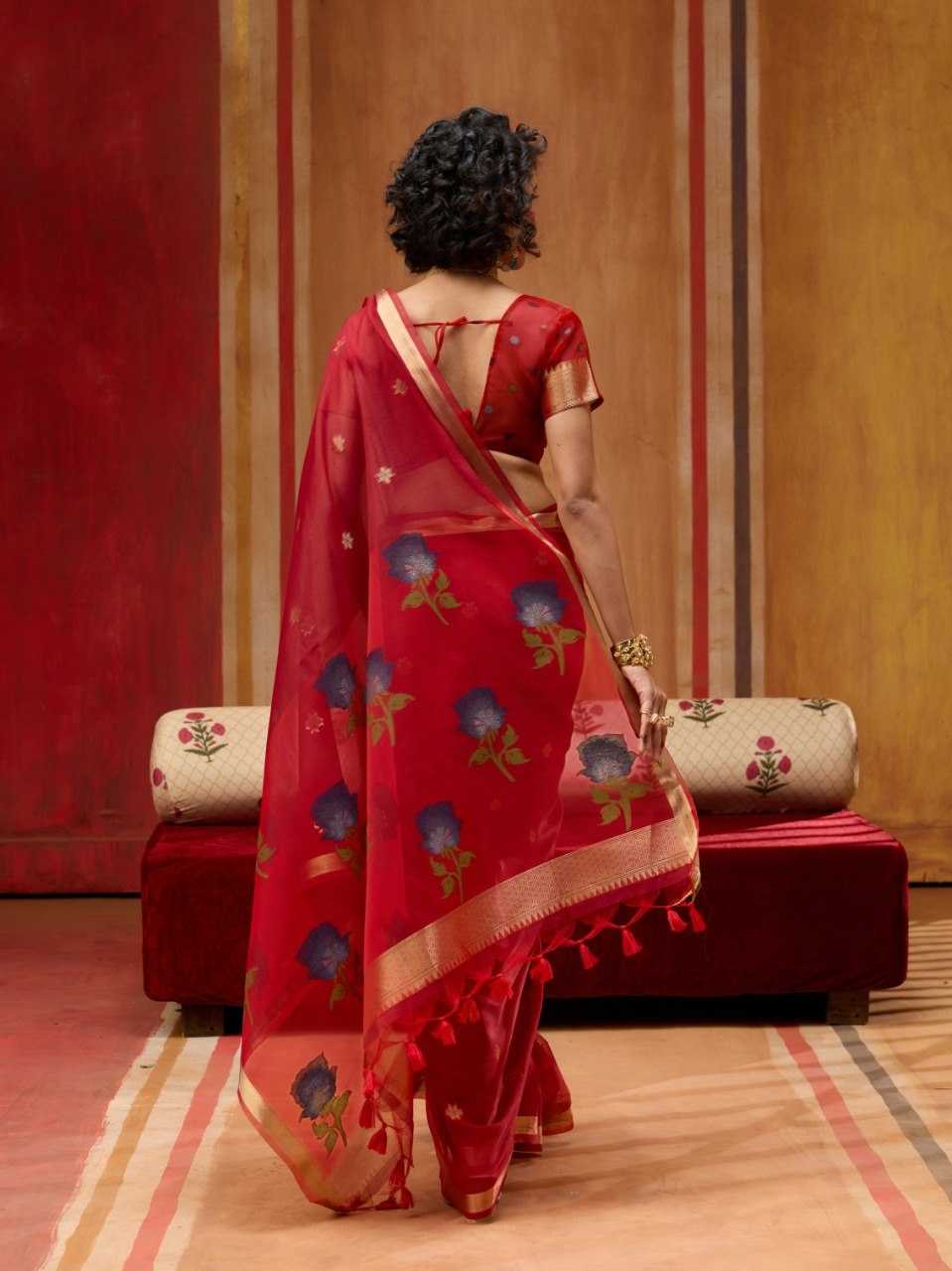 Red Handloom Silk Saree with Organza Pallu & Woven Design - House of ViDi