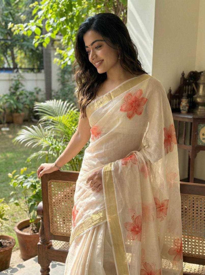 Rashmika Mandanna–Inspired Soft Banarasi Tissue Silk Saree with Zari & Thread Work | Designer Saree with Blouse [Golden Beige]