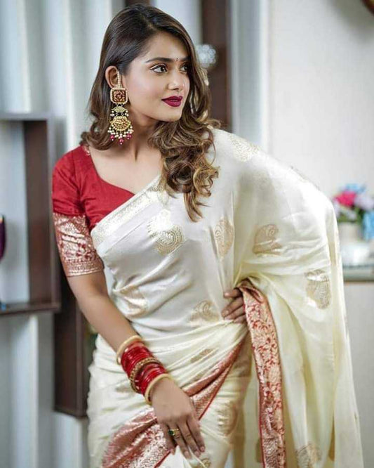 Russian Silk Jacquard Saree with Zari Weaving & Contrast Blouse – Festive Elegance - House of ViDi