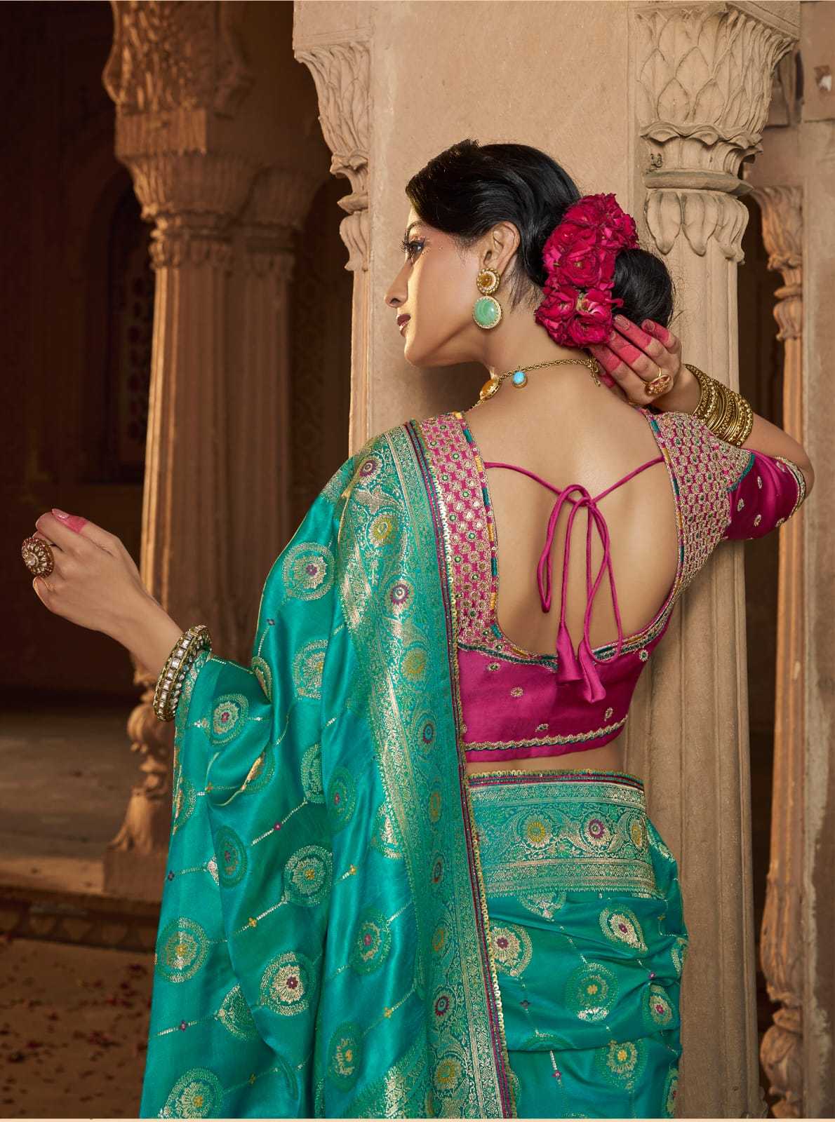 Teal Blue Pure Satin Designer Saree with Lace Border & Heavy Embroidered Contrast Blouse | Party & Traditional Wear