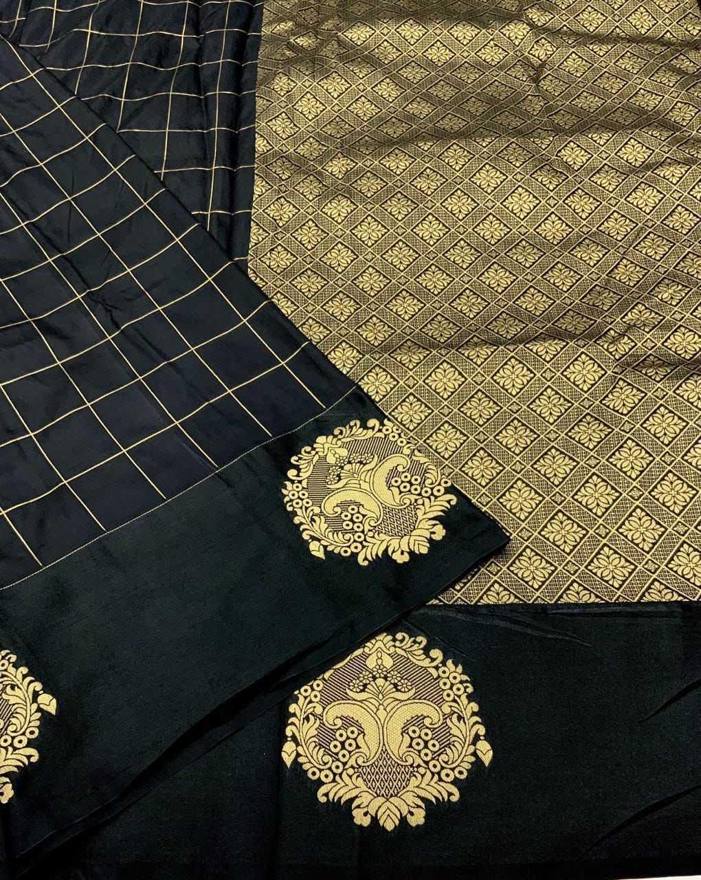 Black Premium Satin Silk Party Wear Saree with Zari Woven Border & Butta Design - House of ViDi