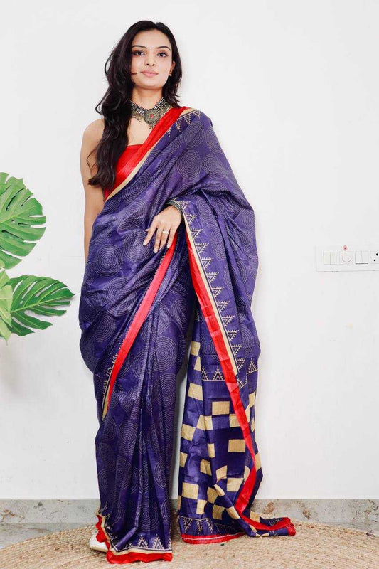 Pure Cotton Bagru Bandhani Hand Block Print Saree with Contrast Red Blouse – Elegant Party & Festive Wear - House of ViDi