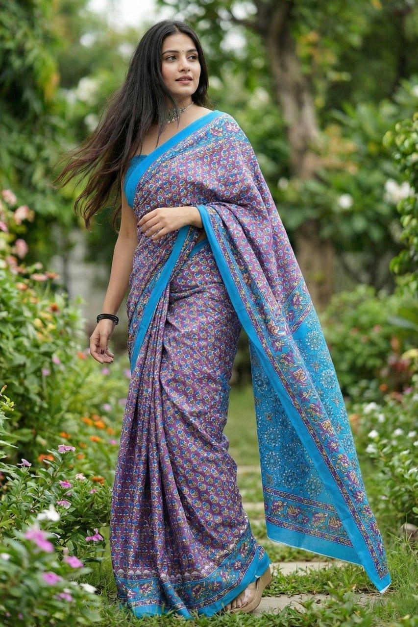 Purple Bagru Block Print Mulmul Cotton Saree with Matching Blouse – Handcrafted Jaipur Ajrakh - House of ViDi