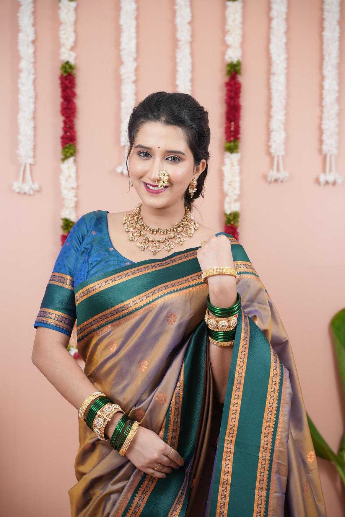 Narayanpet Soft Silk Saree with Zari Motifs & Contrast Pallu – Narayan Border & Contrast Blouse [Brown] - House of ViDi