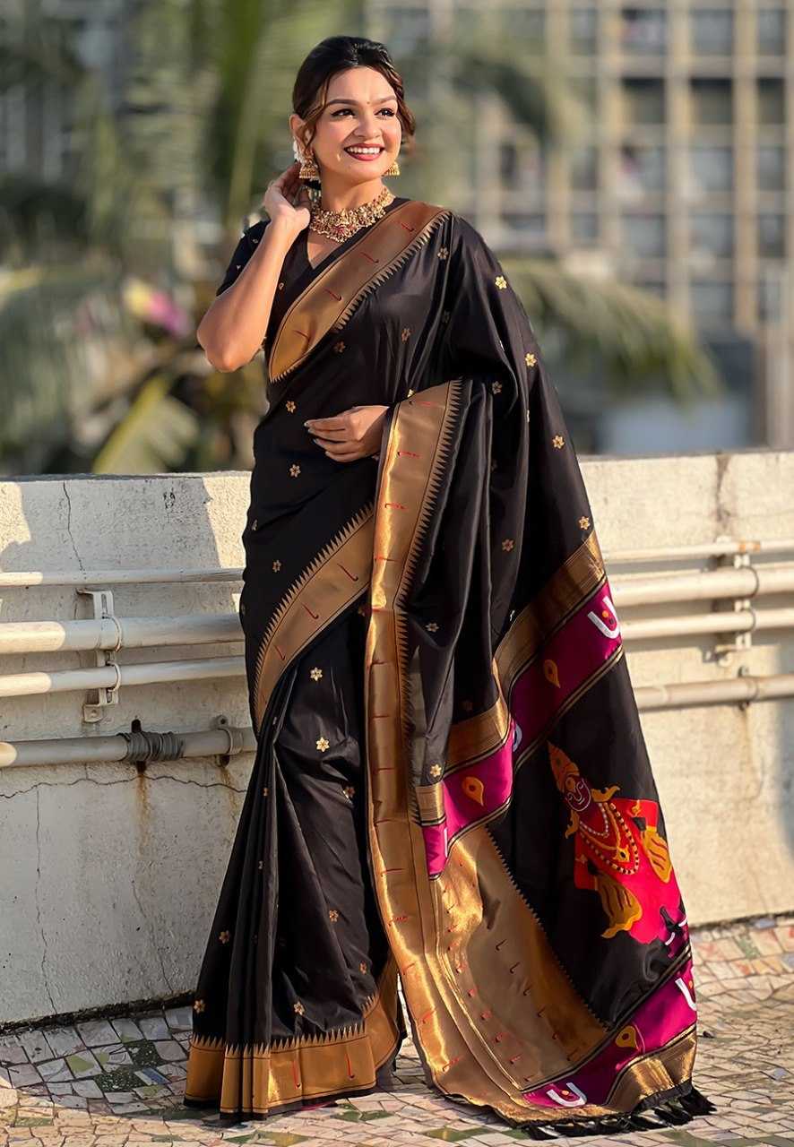 Vitthala Paithani Silk Saree with Muniya Border & Brocade Blouse – Traditional Wedding & Festive Wear [Black] - House of ViDi