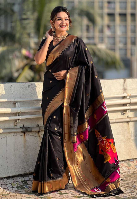 Vitthala Paithani Silk Saree with Muniya Border & Brocade Blouse – Traditional Wedding & Festive Wear [Black] - House of ViDi