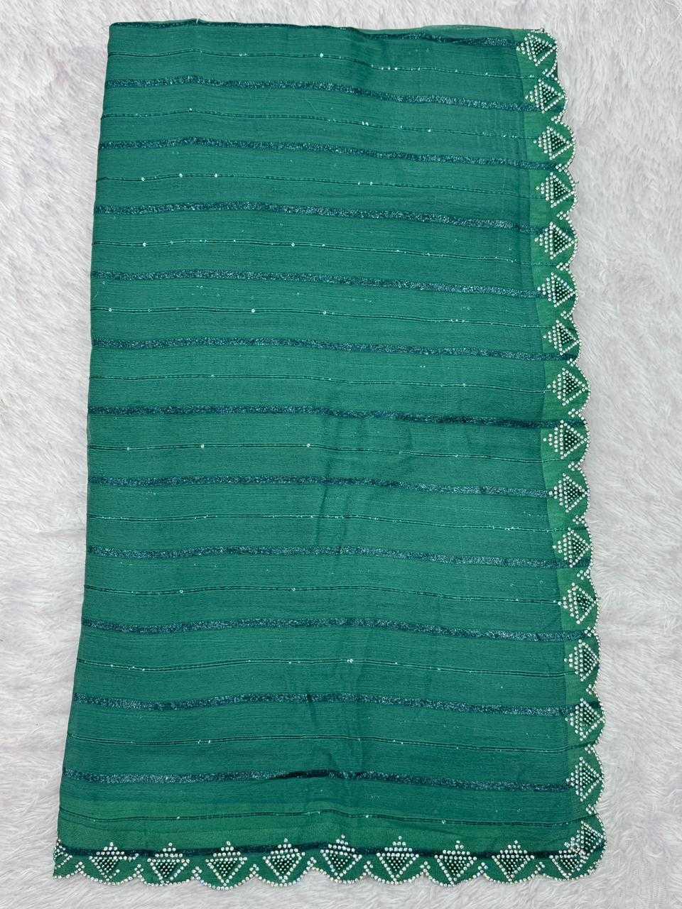 Rama Green Fancy Dull Moss Crochet Work Saree with Cutwork Moti Border - House of ViDi