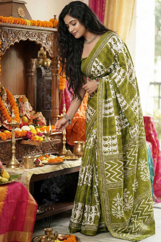 Olive Ajrakh Bagru Block Print Cotton Mulmul Saree with Blouse | House of ViDi - House of ViDi