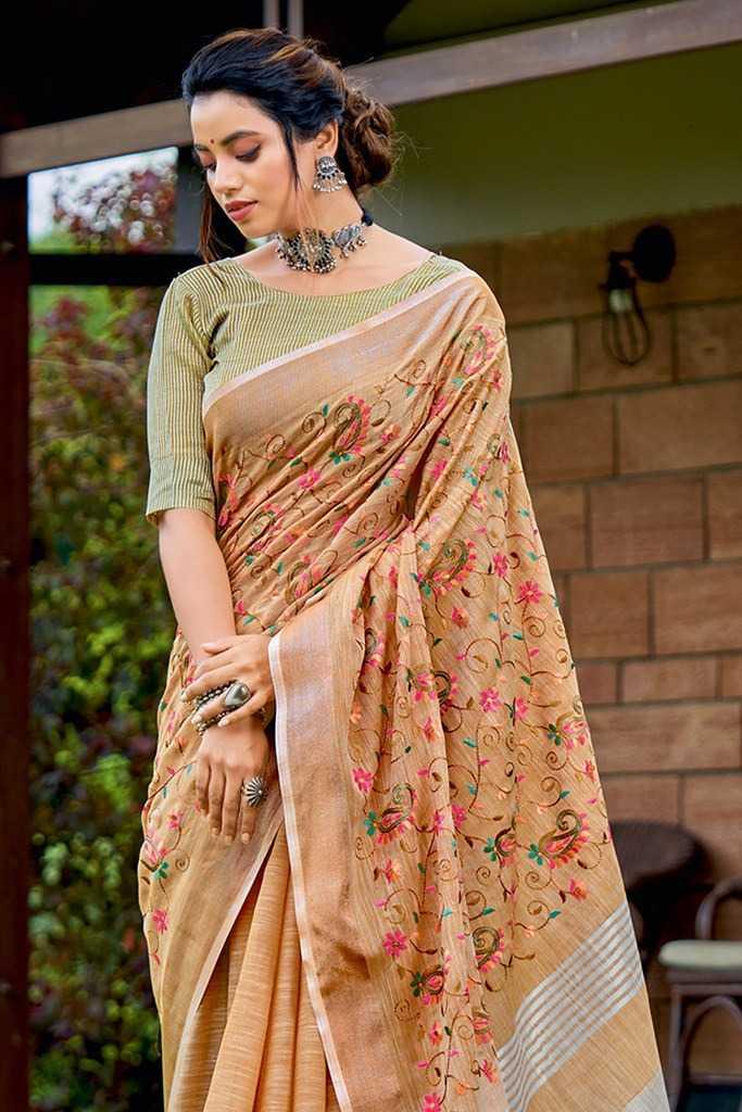 Orange Linen Saree with Kashmiri Embroidery & Matching Blouse | Designer Party Wear Saree - House of ViDi