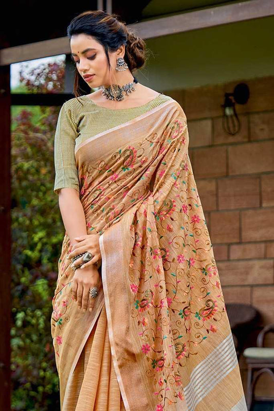 Orange Linen Saree with Kashmiri Embroidery & Matching Blouse | Designer Party Wear Saree - House of ViDi