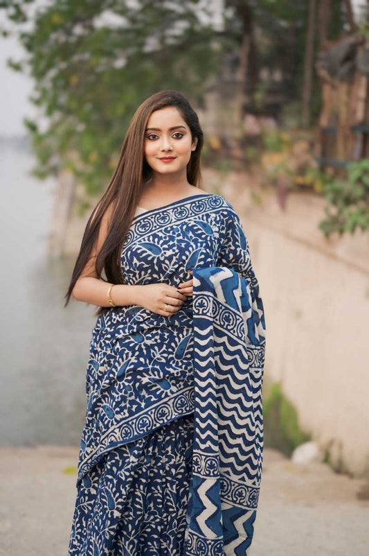 Blue Cotton Ready-to-Wear Printed Saree with Unstitched Blouse | Designer Everyday & Casual Saree