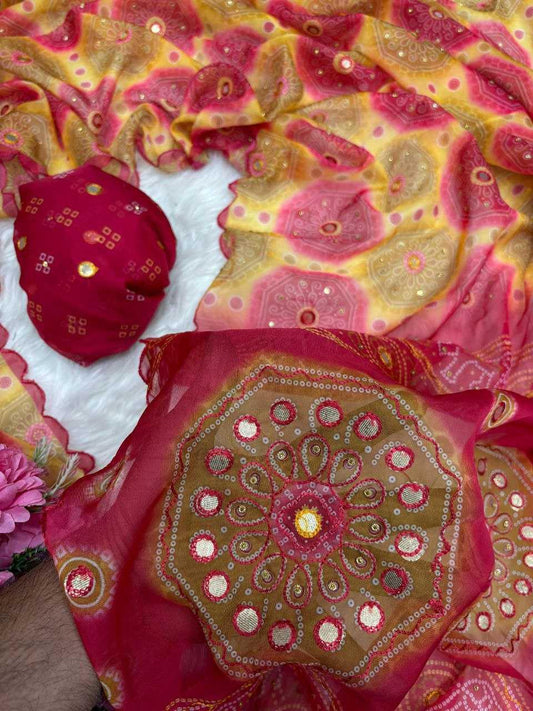 Designer Tabby Silk Digital Print Saree with Gota Handwork & Cutwork Border - House of ViDi