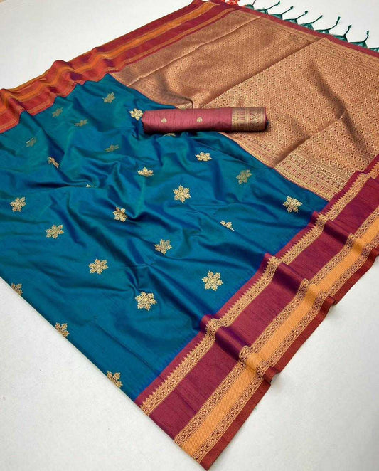 Blue Tussar Silk Handloom Weaving Saree with Rich Zari Border – Perfect for Festivals & Celebrations - House of ViDi