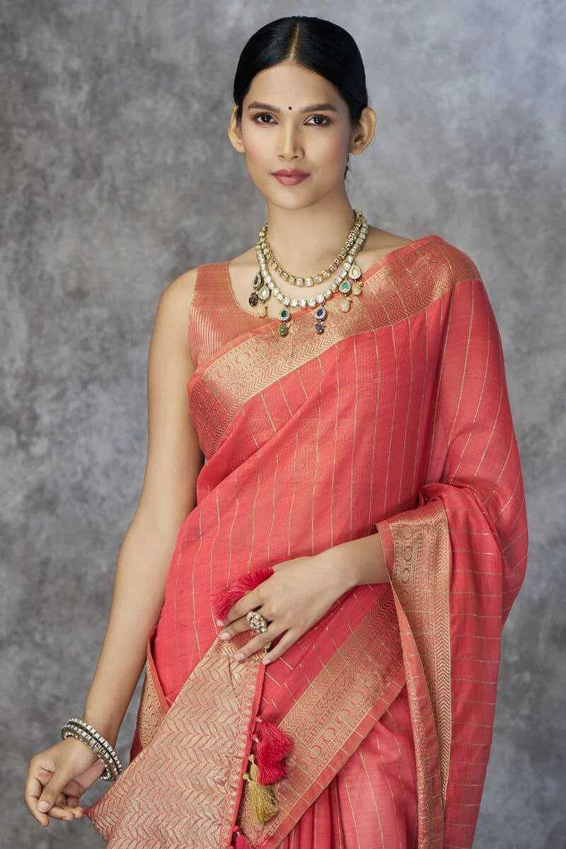 Gajri Pure Khadi Cotton Handloom Saree with Rich Pallu & Tassel Detailing | Designer Traditional Saree - House of ViDi