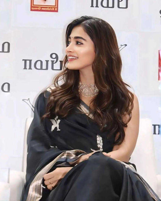Pooja Hegde Soft Lichi Silk Saree with Jacquard Weaving – Celebrity-Inspired Elegance with Contrast Blouse - House of ViDi