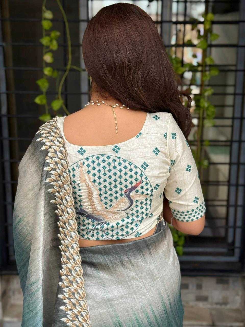 Gray Flamingo Embroidered Tussar Silk Designer Saree with Digital Print & Thread Work Blouse | House of ViDi