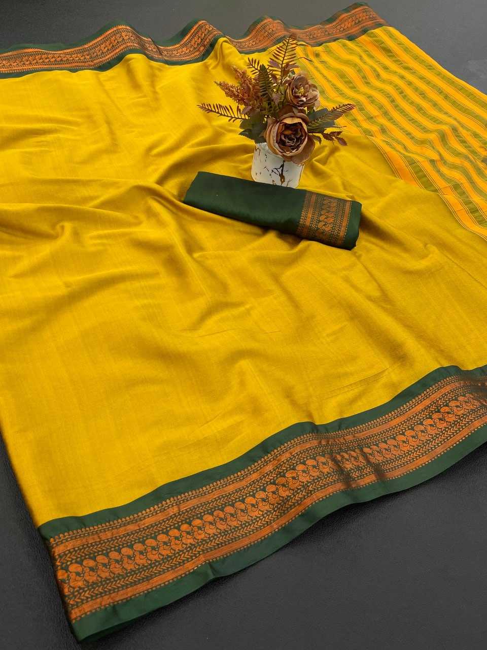 Yellow Aura Cotton Designer Saree with Rich Border & Chitt Pallu – Festive & Elegant Wear