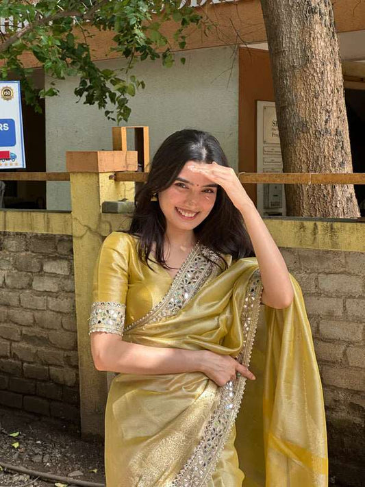 Soft Tussar Organza Mirror Work Saree with Woven Pallu & Designer Blouse [Mustard Yellow]