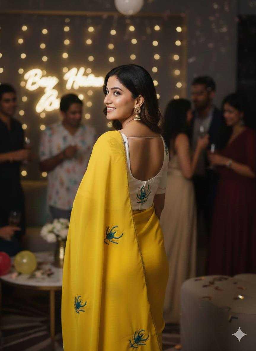 Faux Georgette Saree with Handworked Morpankh Motifs - House of ViDi