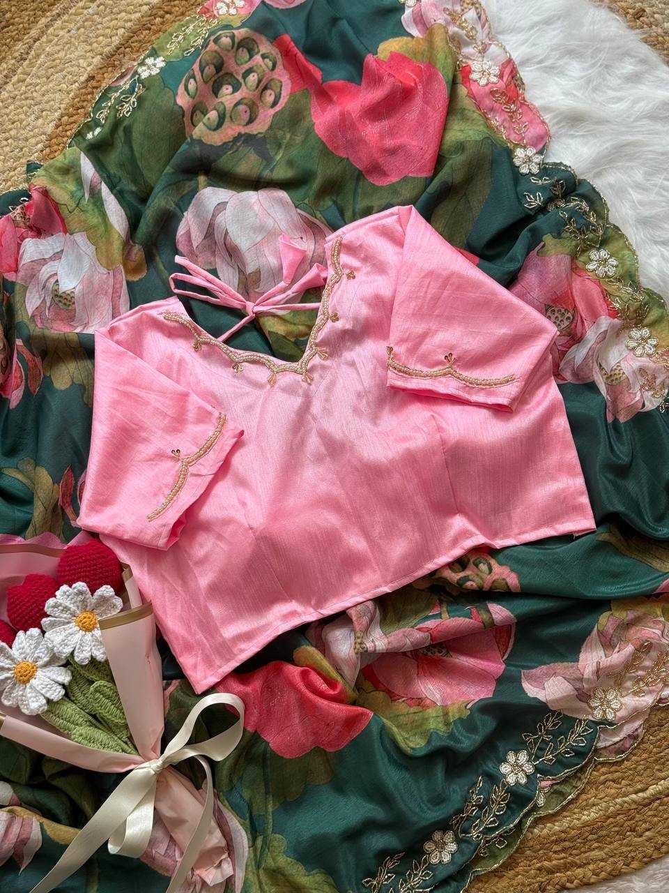 Manju Warrier Inspired Soft Chinon Handwork Printed Designer Saree [Deep Green]