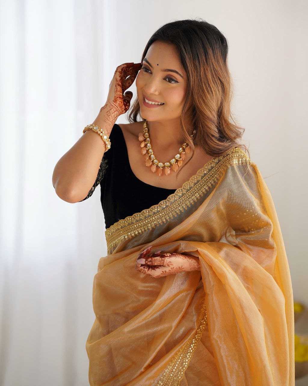 Elegant Lilac Twill Net Saree with 3mm Sequins & Rich Gold Zari Work [Peach Orange]