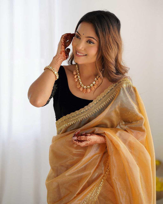 Elegant Lilac Twill Net Saree with 3mm Sequins & Rich Gold Zari Work [Peach Orange] - House of ViDi