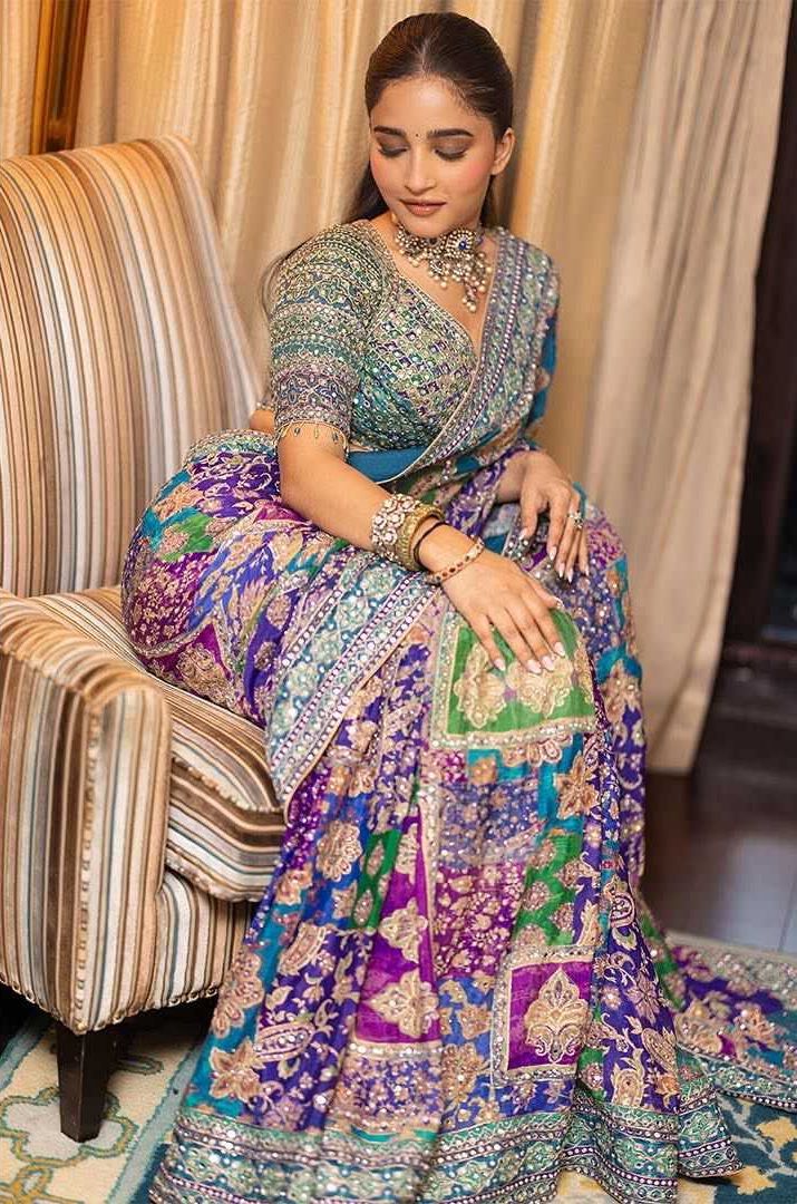 Designer Chinon Silk Mirror Work Saree | Navratri Special Printed Silk Saree with Digital Print & Blouse