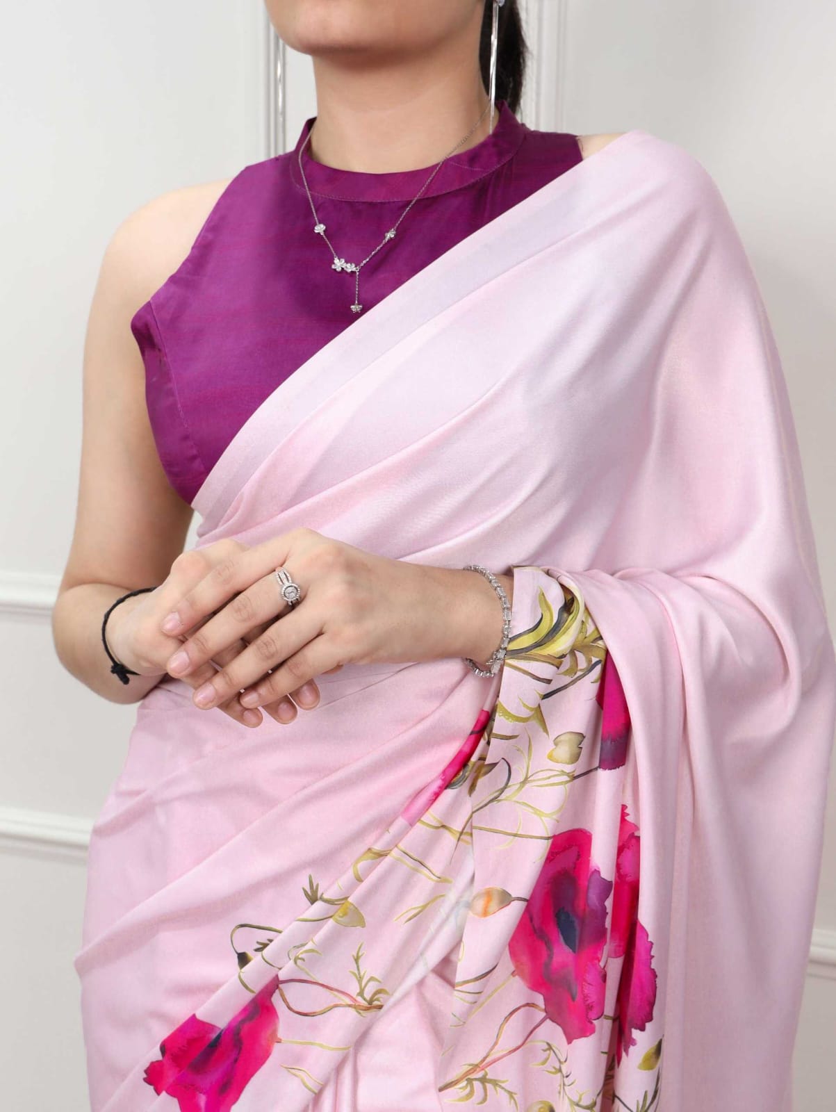 Baby Pink Satin Silk Printed Saree with Designer Blouse - House of ViDi