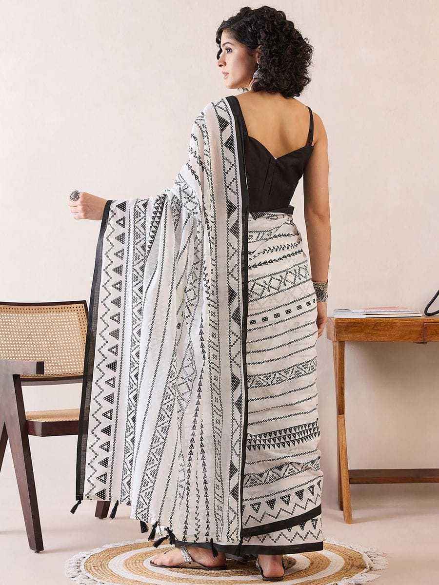 White Ready-to-Wear Mulmul Cotton Printed Saree with Pocket