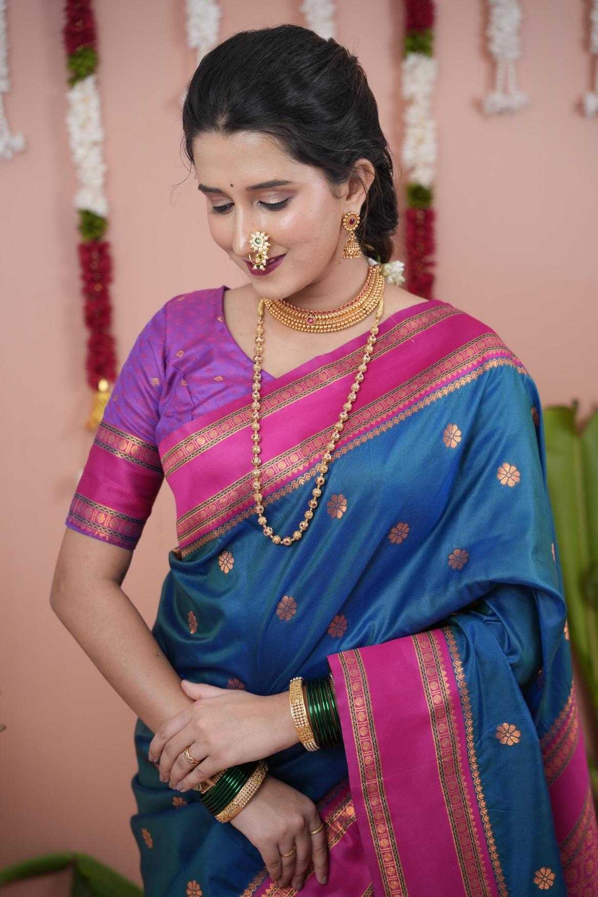 Narayanpet Soft Silk Saree with Zari Motifs & Contrast Pallu – Narayan Border & Contrast Blouse [Peacock Blue] - House of ViDi