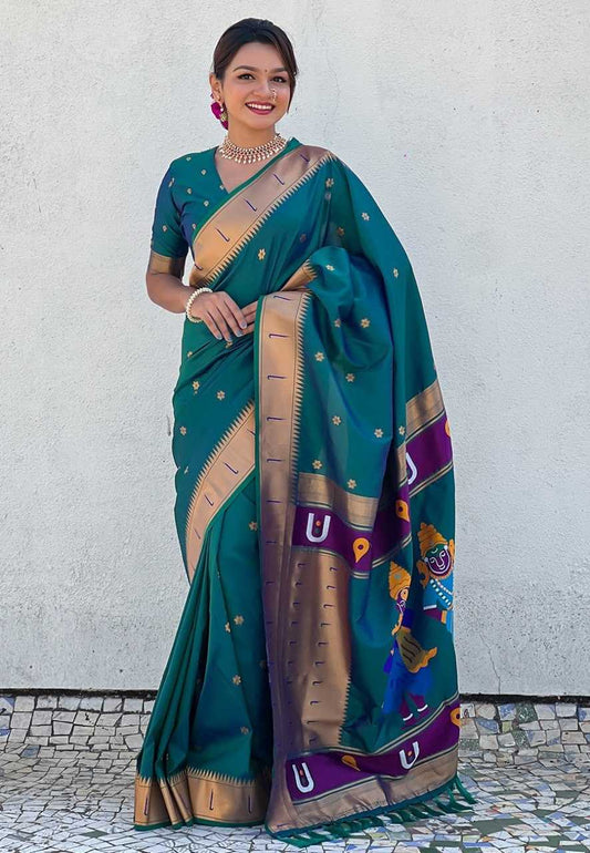 Vitthala Paithani Silk Saree with Muniya Border & Brocade Blouse – Traditional Wedding & Festive Wear [Teal Green] - House of ViDi
