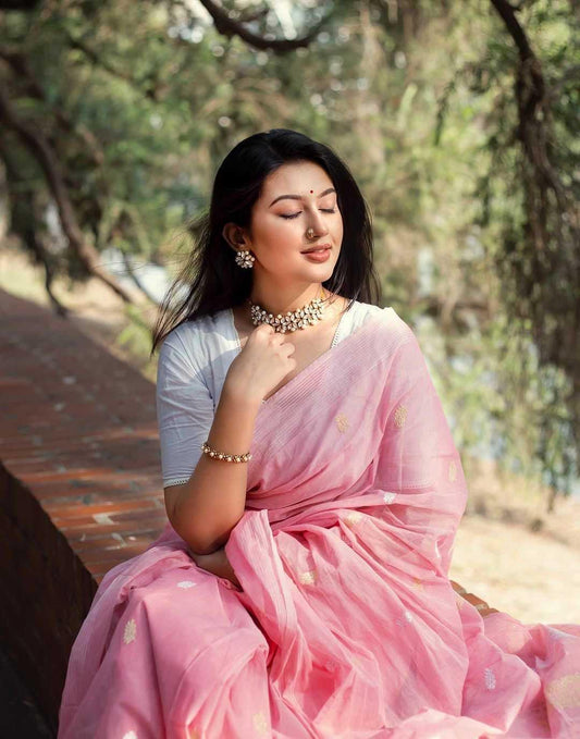 Pink Linen Slab Saree with Jacquard Weaving & Rich Pallu - House of ViDi