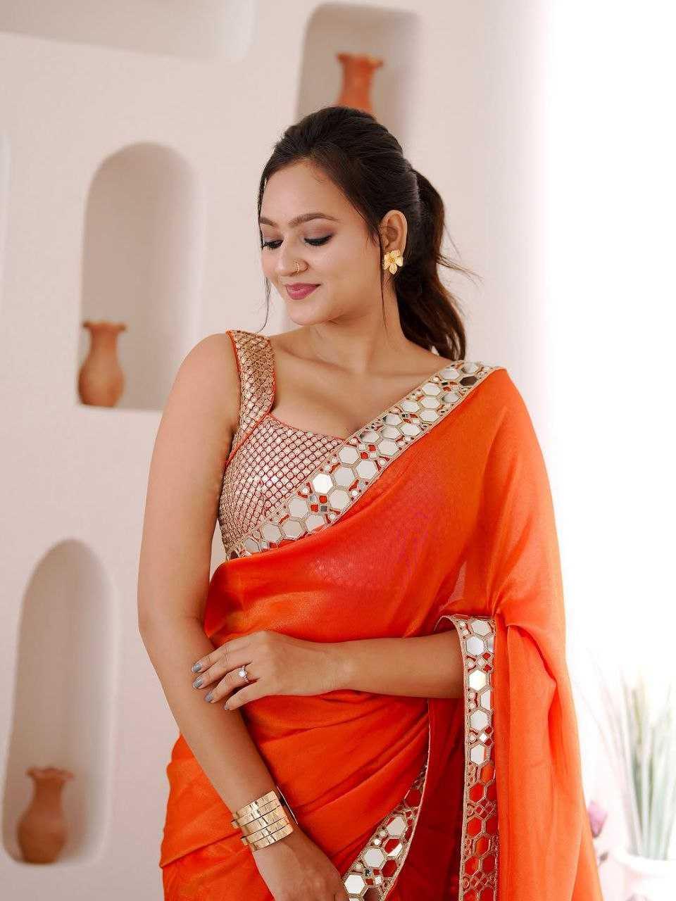 Premium Rangoli Silk Mirror Work Designer Saree with Embellished Border [Orange] - House of ViDi