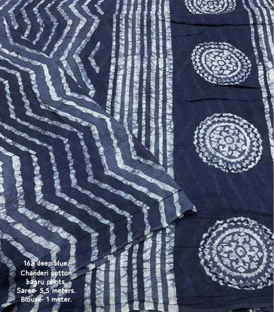Navy Blue Chanderi Cotton Bagru Batik Printed Saree with Zig Zag Motifs & Tassel Pallu | House of ViDi