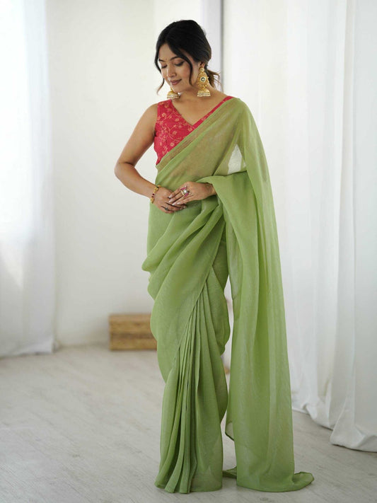 Pista Green Sparkle Silk Ready-to-Wear Saree with Banarasi Blouse | House of ViDi