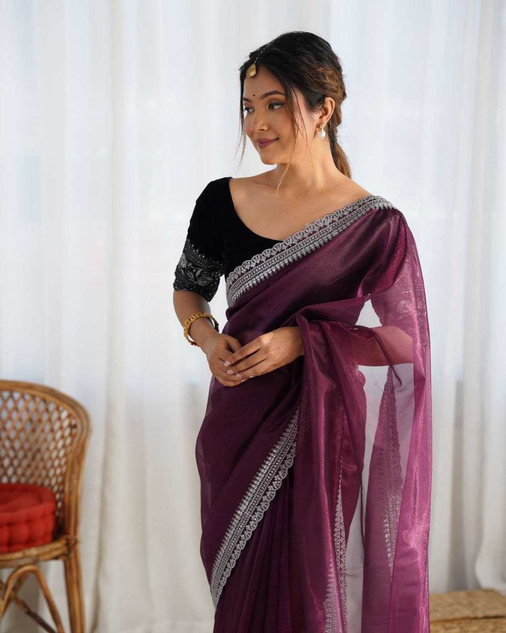 Elegant Lilac Twill Net Saree with 3mm Sequins & Rich Gold Zari Work [Wine]