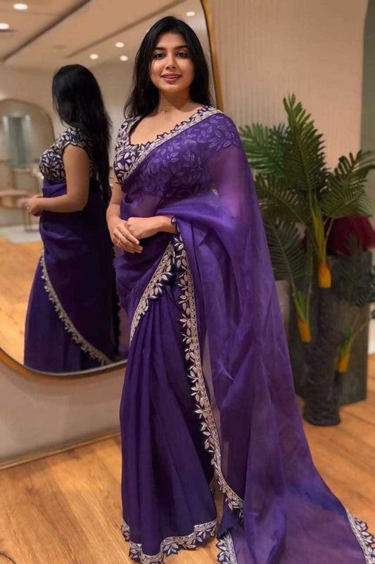 Purple Rangoli Silk Party Wear Designer Saree with Golden Zari Embroidery Border & Stitched Blouse