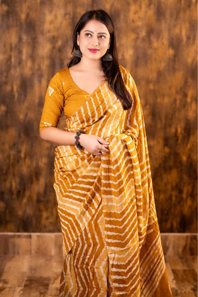 Mustard Chanderi Cotton Bagru Batik Printed Saree with Zig Zag Motifs & Tassel Pallu | House of ViDi