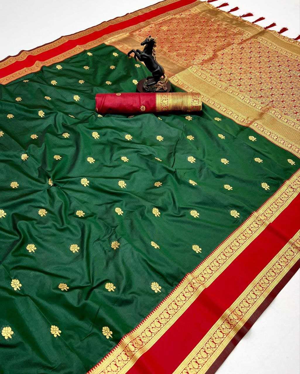 Green Premium Soft Silk Kanjeevaram Saree with Dual Zari Butta, Rich Woven Pallu & Designer Silk Blouse - House of ViDi
