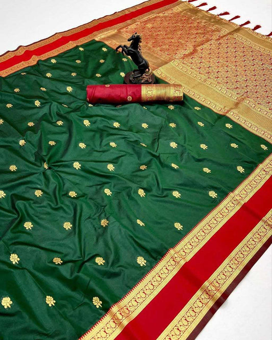 Green Premium Soft Silk Kanjeevaram Saree with Dual Zari Butta, Rich Woven Pallu & Designer Silk Blouse - House of ViDi