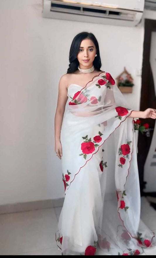 Taniya Mittal–Inspired Ready-to-Wear Organza Printed Saree with Unstitched Blouse | Designer Party Wear Saree [White]