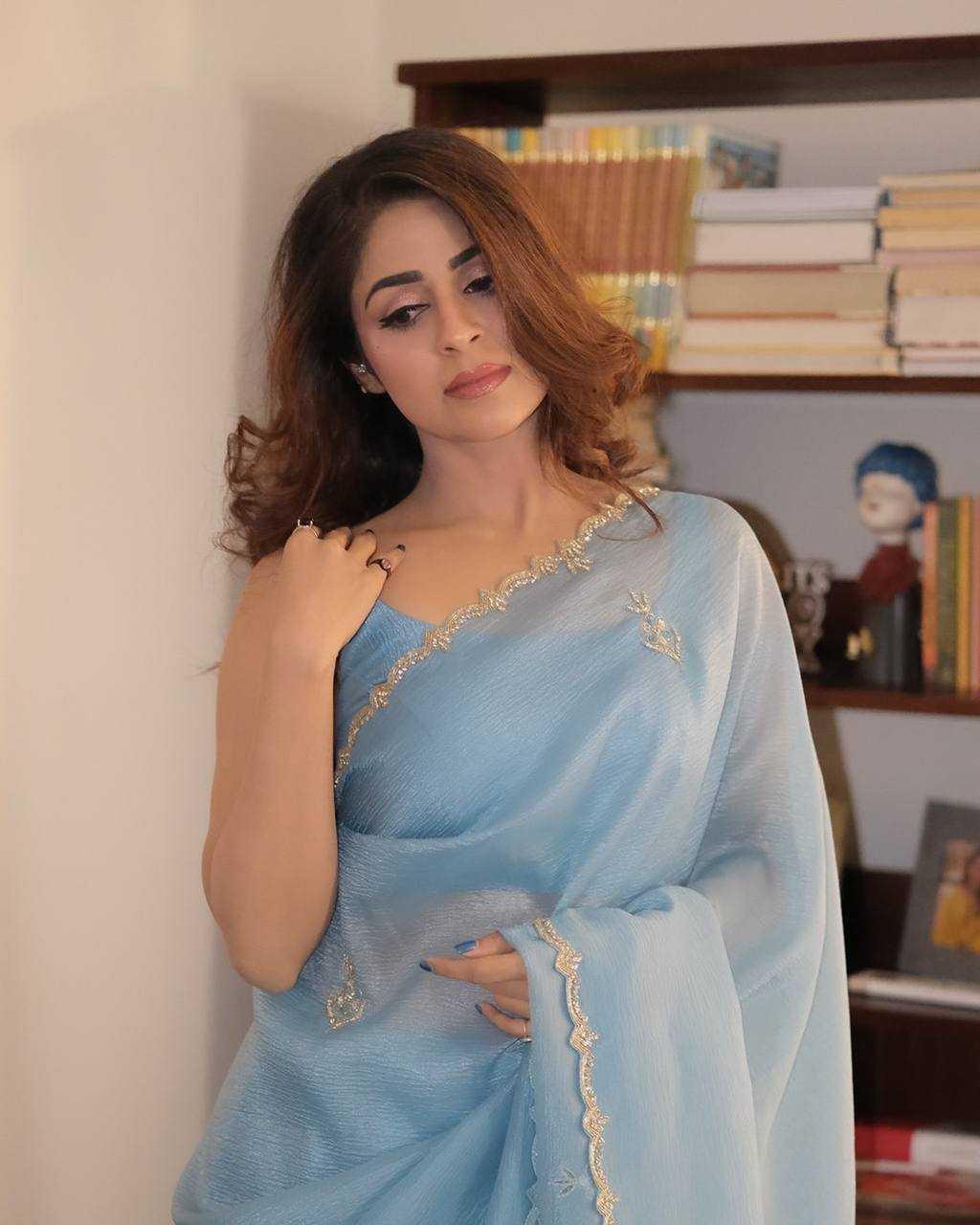 Blue Pixel Crush Saree with Katdana & Diamond Work - House of ViDi