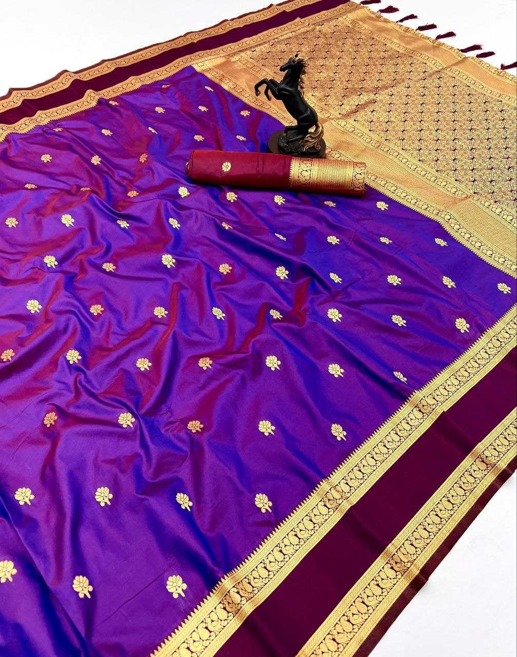 Purple Premium Soft Silk Kanjeevaram Saree with Dual Zari Butta, Rich Woven Pallu & Designer Silk Blouse - House of ViDi