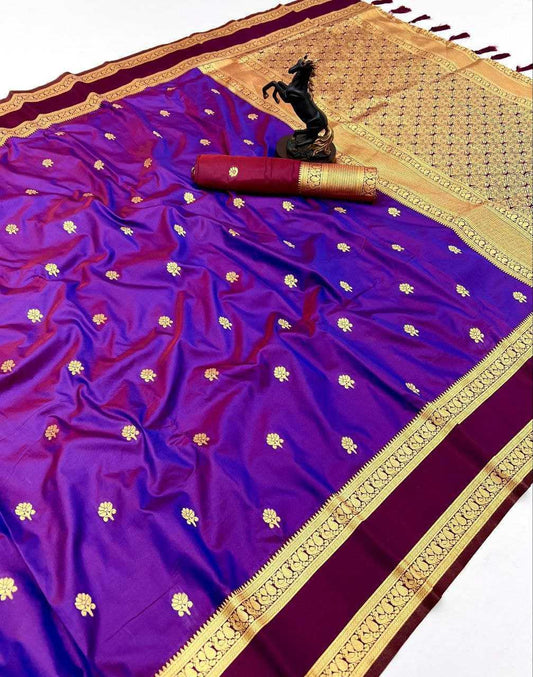 Purple Premium Soft Silk Kanjeevaram Saree with Dual Zari Butta, Rich Woven Pallu & Designer Silk Blouse - House of ViDi