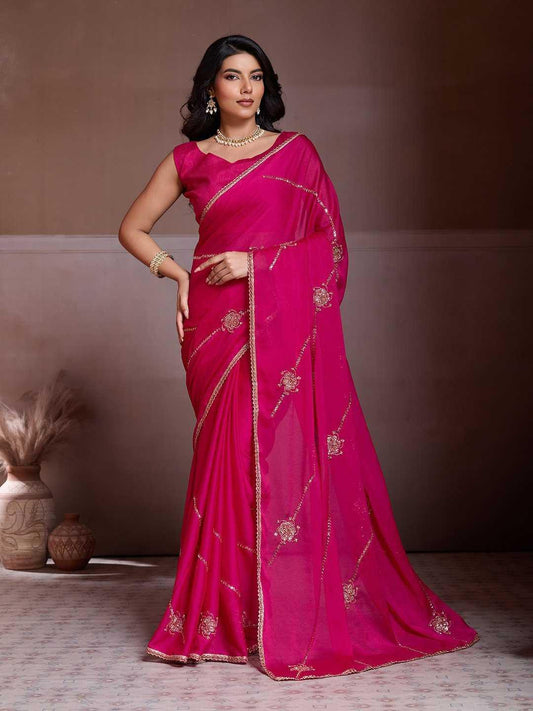 Hot Pink Designer Crush Silk Saree with C-Pallu Beads Embroidery Work - House of ViDi