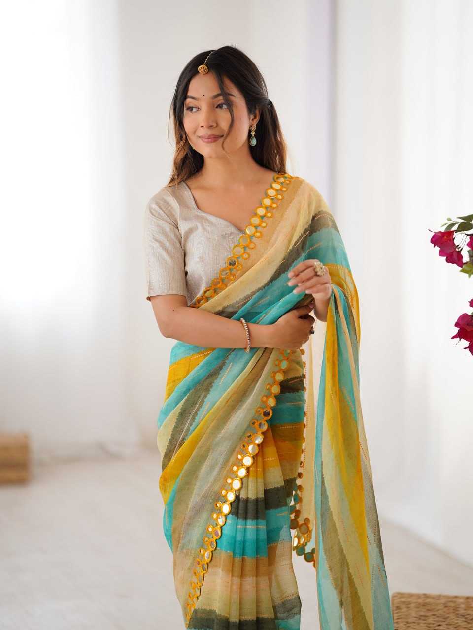 Yellow Heavy Marble Chiffon Lehriya Print Saree with Zari & Mirror Border – Elegant Festive & Party Wear Saree